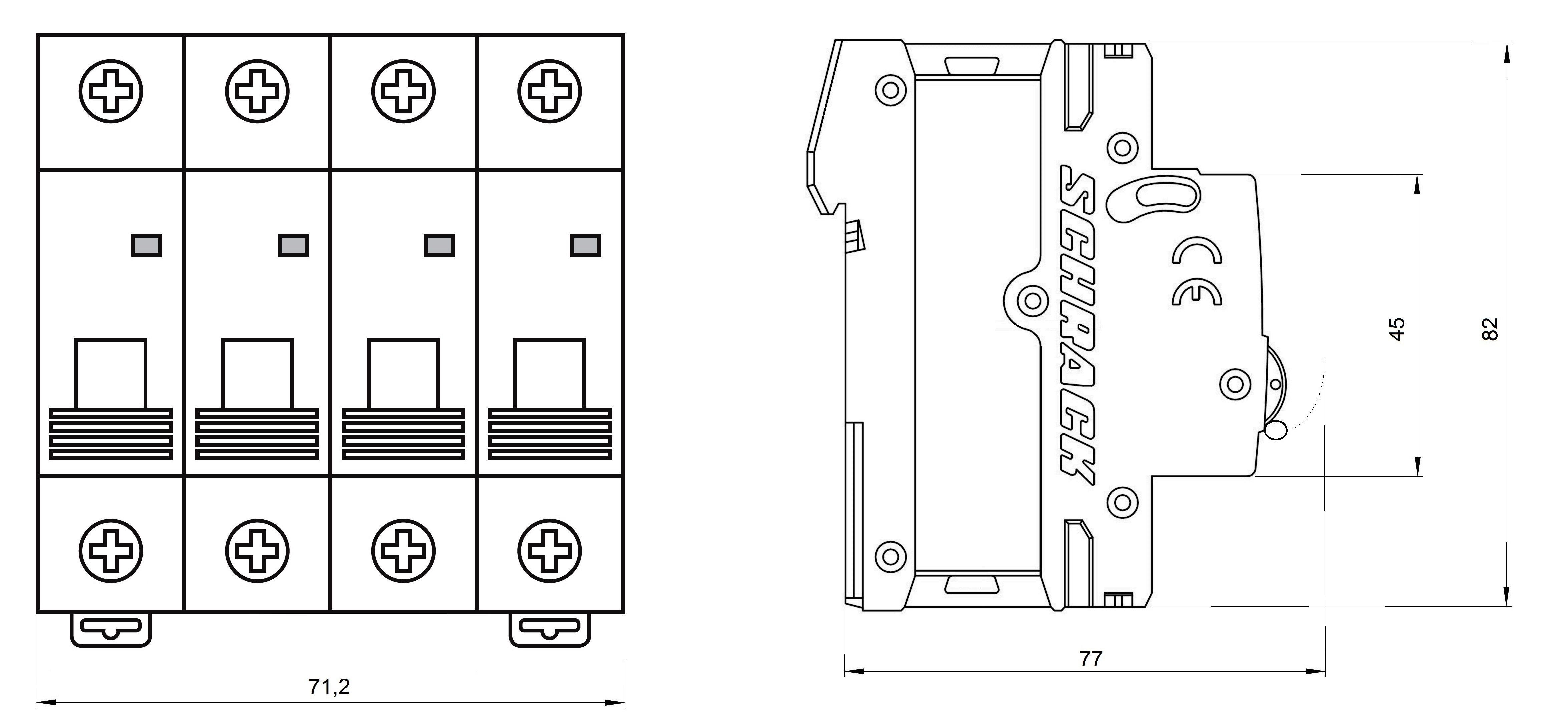 Dimensiuni produs MCB - Siguranță automată - disjunctor - curba C 25A 10kA 3P+N 4M - Schrack AM017825